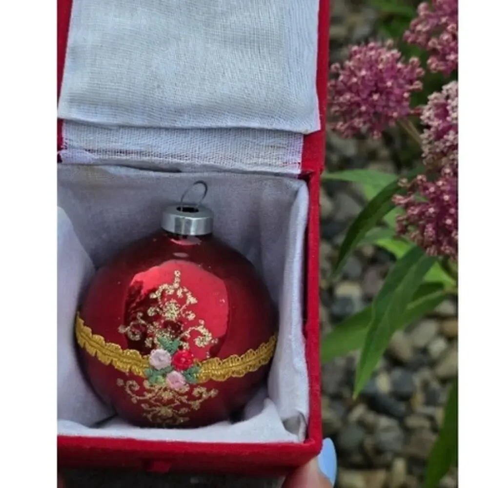 VTG Christmas Ornament Red Glass Globe Western Germany Gold Filigree Rose RARE
